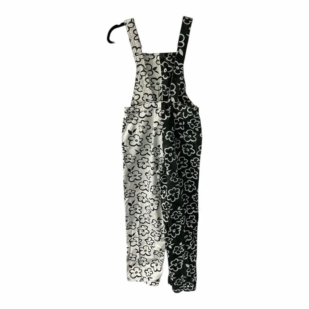 NWOT Forever 21 Women Size Small Black White Colorblock Floral Overalls Jumpsuit - Picture 4 of 5